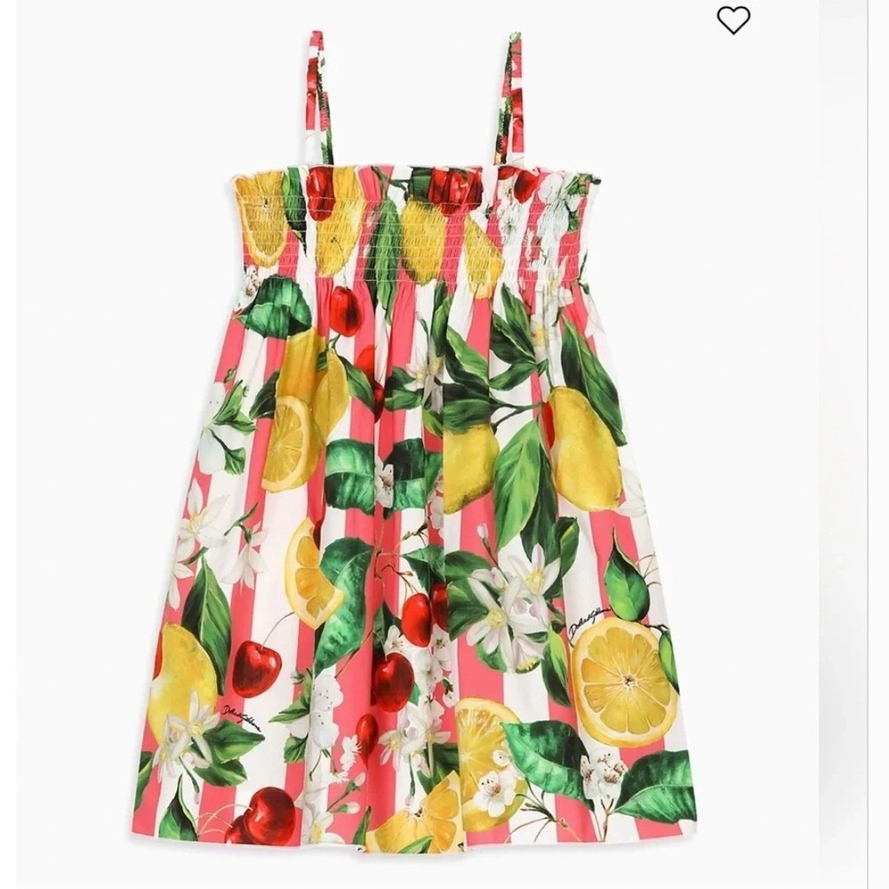 Dolce & Gabbana Kids Pink Lemon Cherry Stripe Smocked Dress Size 2